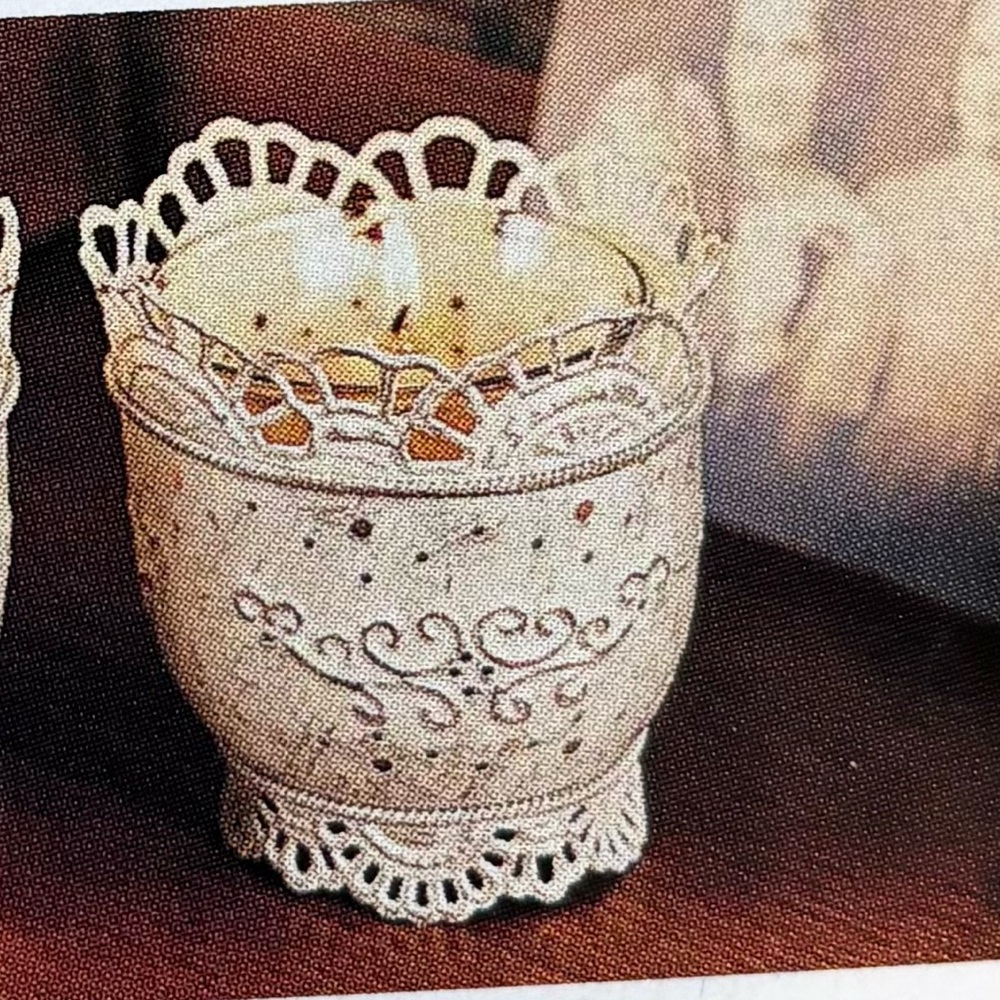 Shabby Chic Metal Candle Holder distressed ivory lace pedestal, glass votive cup